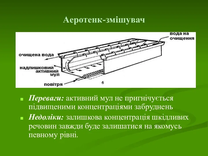 Аеротенк-змішувач Переваги: активний мул не пригнічується підвищеними концентраціями забруднень Недоліки: залишкова