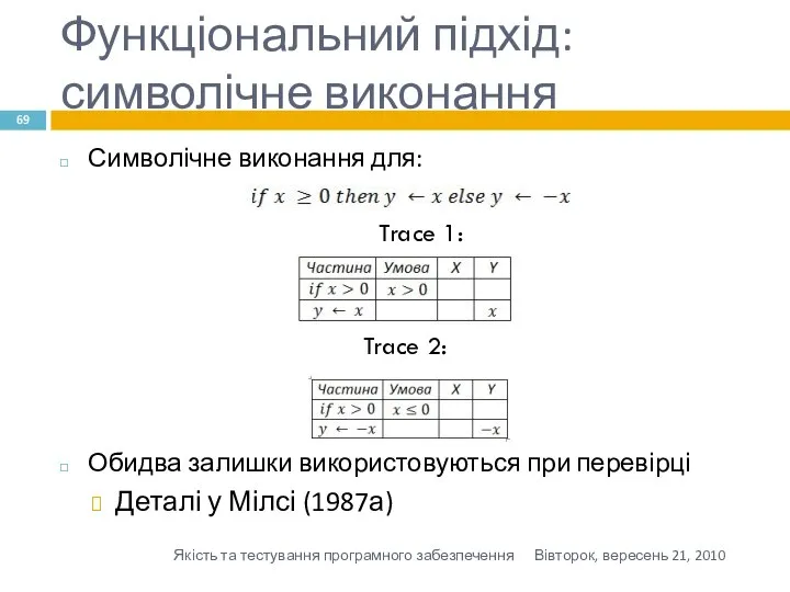 Функціональний підхід: символічне виконання Символічне виконання для: Trace 1: Trace 2: