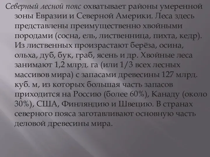 Северный лесной пояс охватывает районы умеренной зоны Евразии и Северной Америки.