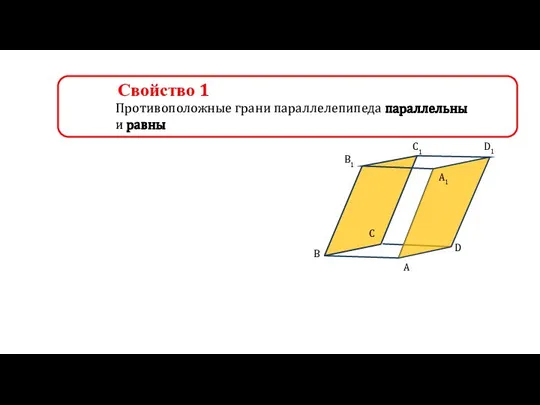 Свойство 1 Противоположные грани параллелепипеда параллельны и равны B A D C B1 C1 D1 A1