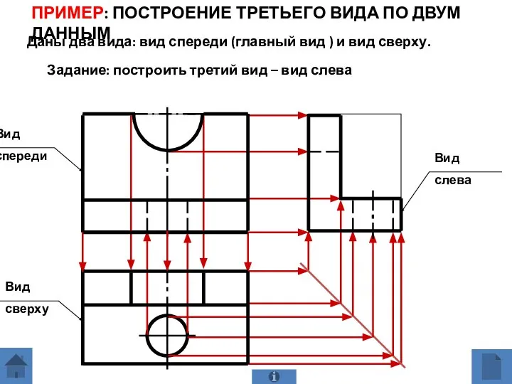 ПРИМЕР: ПОСТРОЕНИЕ ТРЕТЬЕГО ВИДА ПО ДВУМ ДАННЫМ Даны два вида: вид