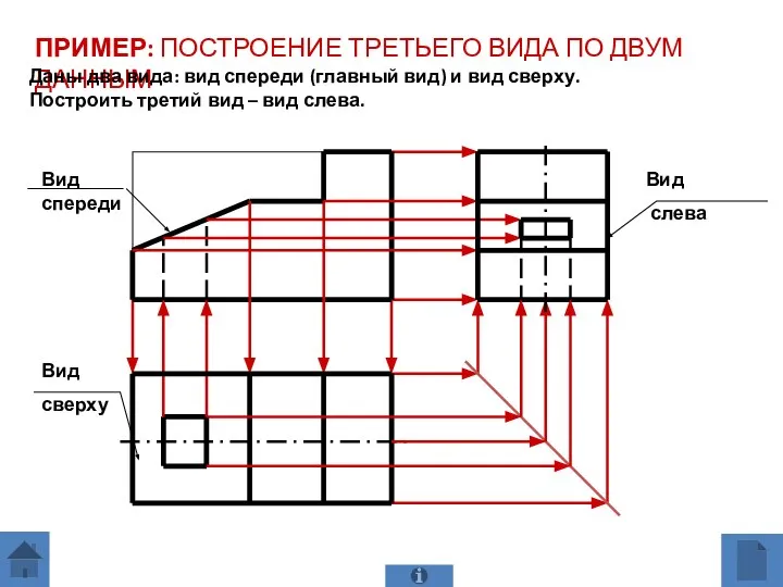 ПРИМЕР: ПОСТРОЕНИЕ ТРЕТЬЕГО ВИДА ПО ДВУМ ДАННЫМ Даны два вида: вид