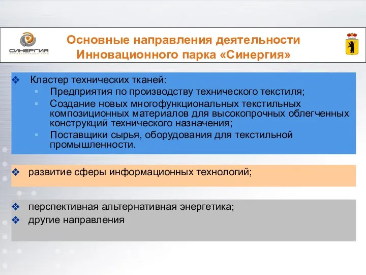 Основные направления деятельности Инновационного парка «Синергия» Кластер технических тканей: Предприятия по