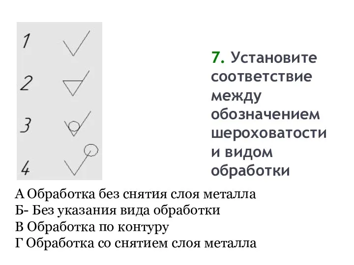 7. Установите соответствие между обозначением шероховатости и видом обработки А Обработка