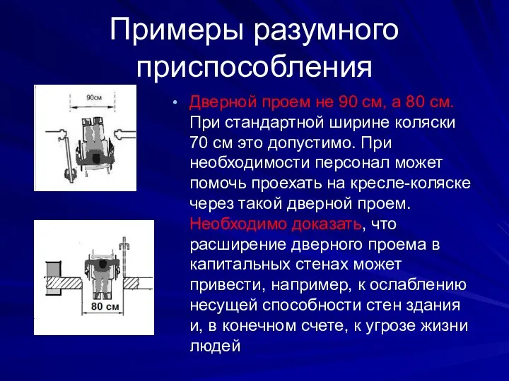 Примеры разумного приспособления Дверной проем не 90 см, а 80 см.