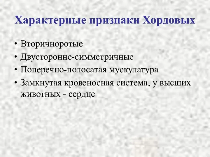 Характерные признаки Хордовых Вторичноротые Двусторонне-симметричные Поперечно-полосатая мускулатура Замкнутая кровеносная система, у высших животных - сердце