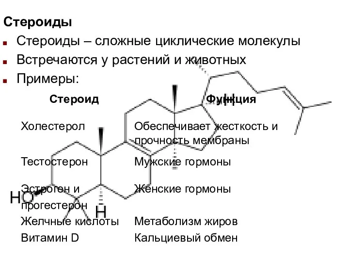 Стероиды Стероиды – сложные циклические молекулы Встречаются у растений и животных Примеры: