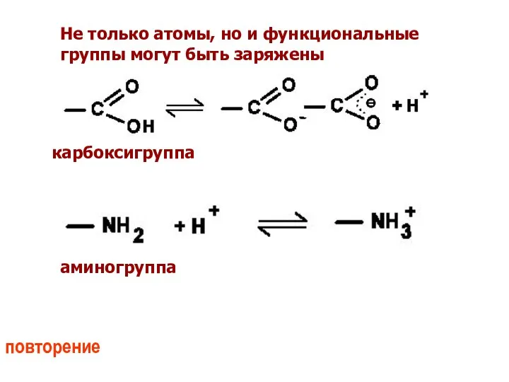 Не только атомы, но и функциональные группы могут быть заряжены карбоксигруппа аминогруппа повторение