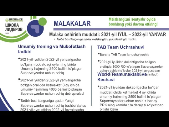 MALAKALAR Malaka oshirish muddati: 2021-yil IYUL – 2022-yil YANVAR Umumiy trening