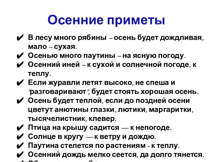 Осенние приметы В лесу много рябины – осень будет дождливая, мало