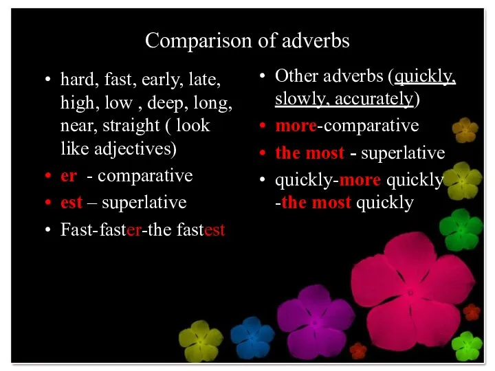 Comparison of adverbs hard, fast, early, late, high, low , deep,