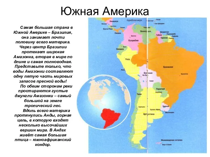 Самая большая страна в Южной Америке – Бразилия, она занимает почти
