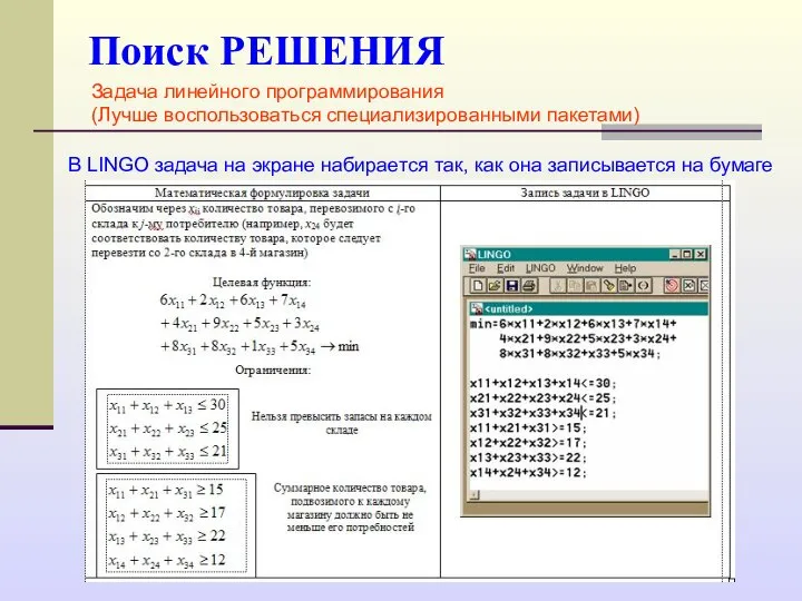 Поиск РЕШЕНИЯ Задача линейного программирования (Лучше воспользоваться специализированными пакетами) В LINGO