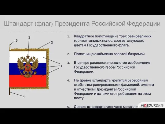 Штандарт (флаг) Президента Российской Федерации Квадратное полотнище из трёх равновеликих горизонтальных