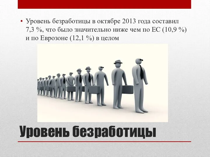 Уровень безработицы Уровень безработицы в октябре 2013 года составил 7,3 %,