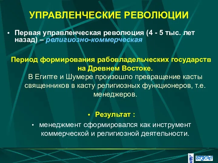 УПРАВЛЕНЧЕСКИЕ РЕВОЛЮЦИИ Первая управленческая революция (4 - 5 тыс. лет назад)