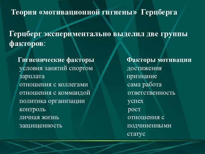 Герцберг экспериментально выделил две группы факторов: Гигиенические факторы Факторы мотивации условия