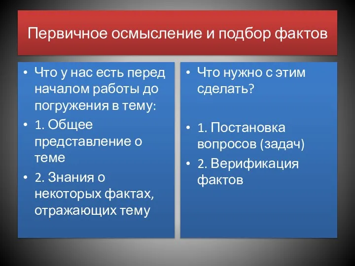 Первичное осмысление и подбор фактов Что нужно с этим сделать? 1.