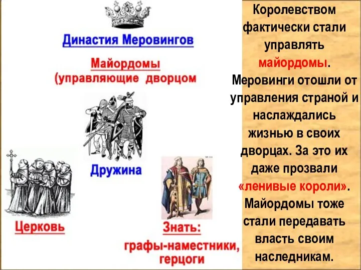 Королевством фактически стали управлять майордомы. Меровинги отошли от управления страной и