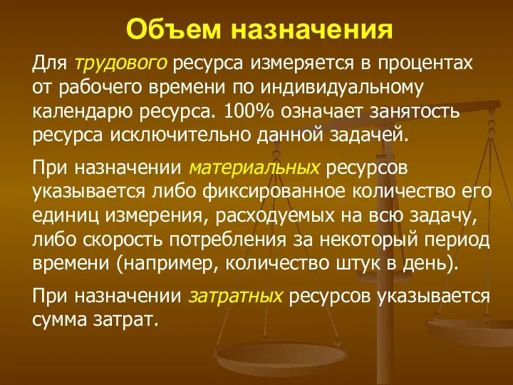 Объем назначения Для трудового ресурса измеряется в процентах от рабочего времени