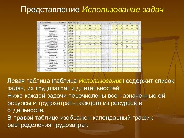 Представление Использование задач Левая таблица (таблица Использование) содержит список задач, их