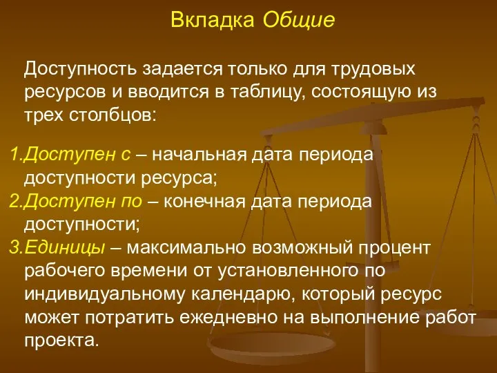 Вкладка Общие Доступность задается только для трудовых ресурсов и вводится в