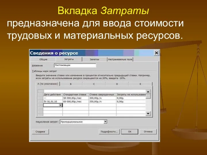 Вкладка Затраты предназначена для ввода стоимости трудовых и материальных ресурсов.