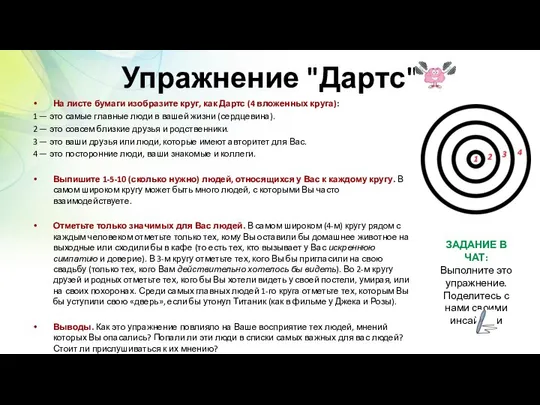 Упражнение "Дартс" На листе бумаги изобразите круг, как Дартс (4 вложенных