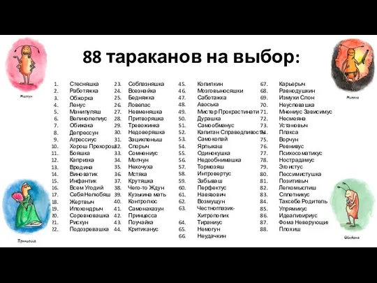 88 тараканов на выбор: Стесняшка Работяжка Обжорка Ленус Манипуляш Великолепиус Обижака