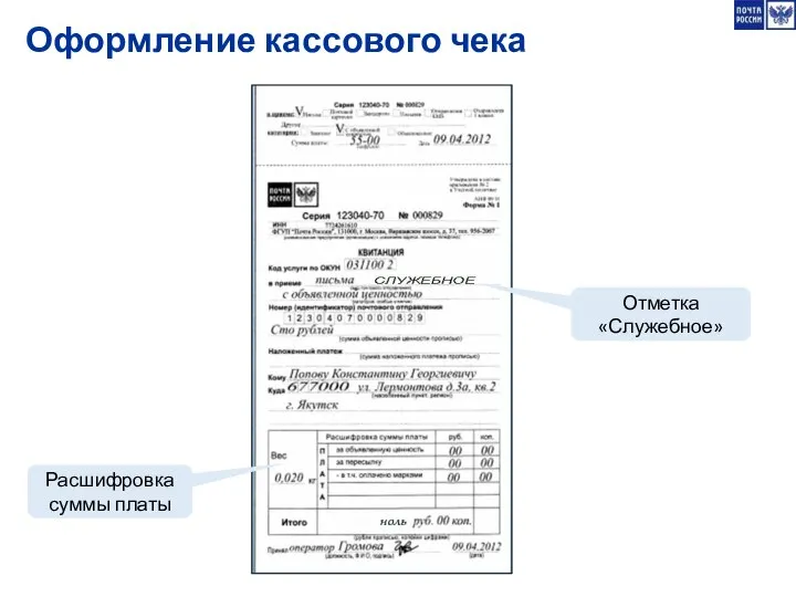 Оформление кассового чека Расшифровка суммы платы Отметка «Служебное»