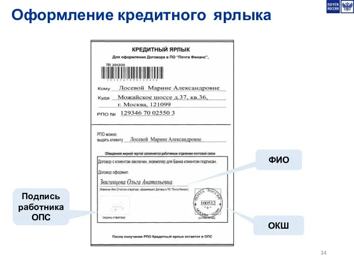 ФИО Подпись работника ОПС ОКШ Оформление кредитного ярлыка