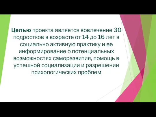 Целью проекта является вовлечение 30 подростков в возрасте от 14 до