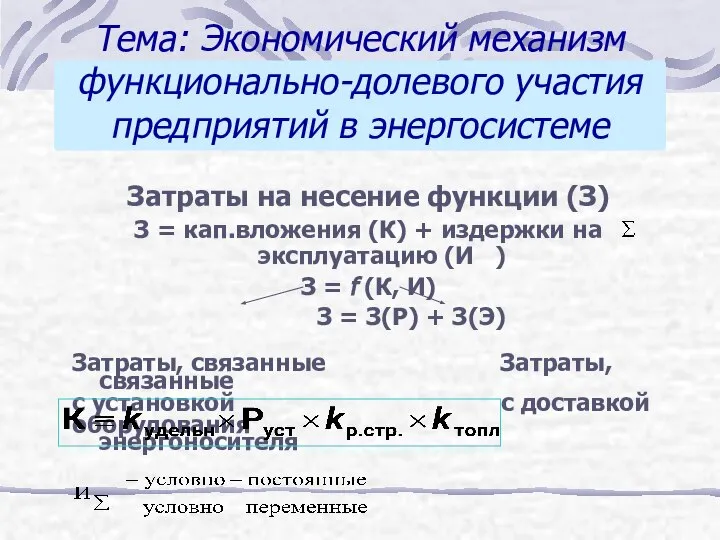 Тема: Экономический механизм функционально-долевого участия предприятий в энергосистеме Затраты на несение