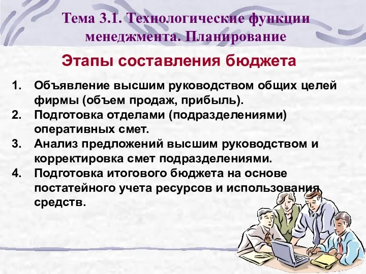 Тема 3.1. Технологические функции менеджмента. Планирование Этапы составления бюджета Объявление высшим