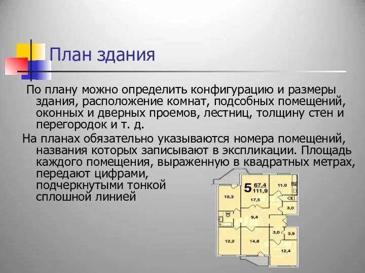 План здания По плану можно определить конфигурацию и размеры здания, расположение