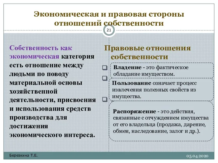 Экономическая и правовая стороны отношений собственности Собственность как экономическая категория есть