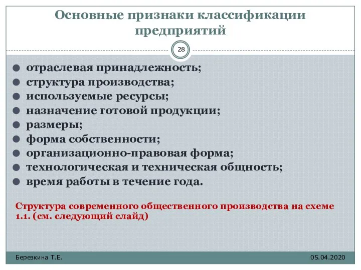 Основные признаки классификации предприятий отраслевая принадлежность; структура производства; используемые ресурсы; назначение