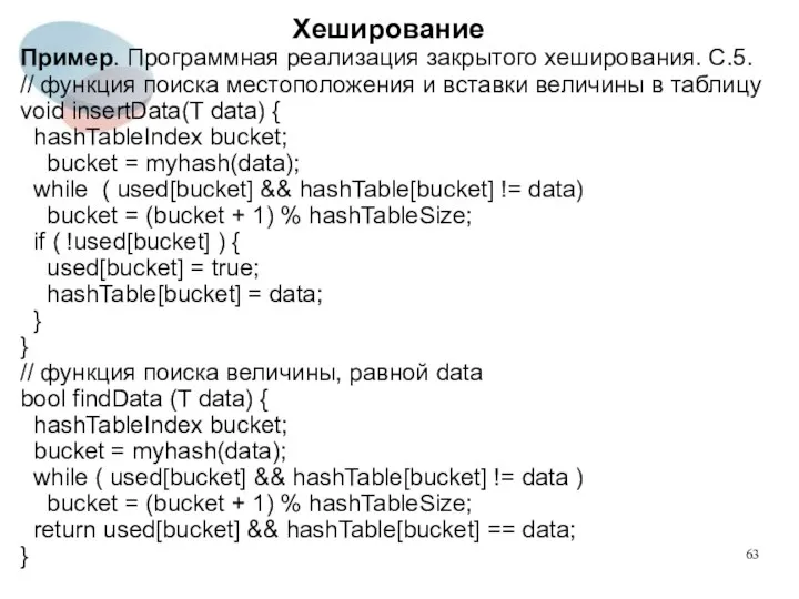 Хеширование Пример. Программная реализация закрытого хеширования. C.5. // функция поиска местоположения