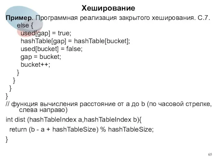 Хеширование Пример. Программная реализация закрытого хеширования. C.7. else { used[gap] =