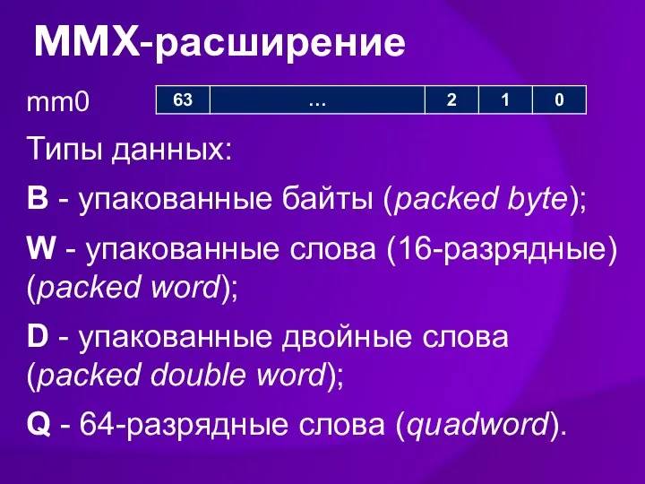 MMX-расширение mm0 Типы данных: B - упакованные байты (packed byte); W