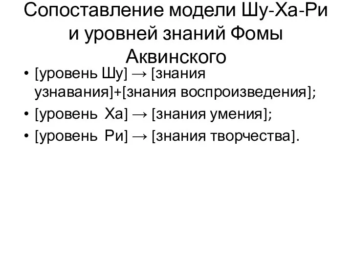 Сопоставление модели Шу-Ха-Ри и уровней знаний Фомы Аквинского [уровень Шу] →