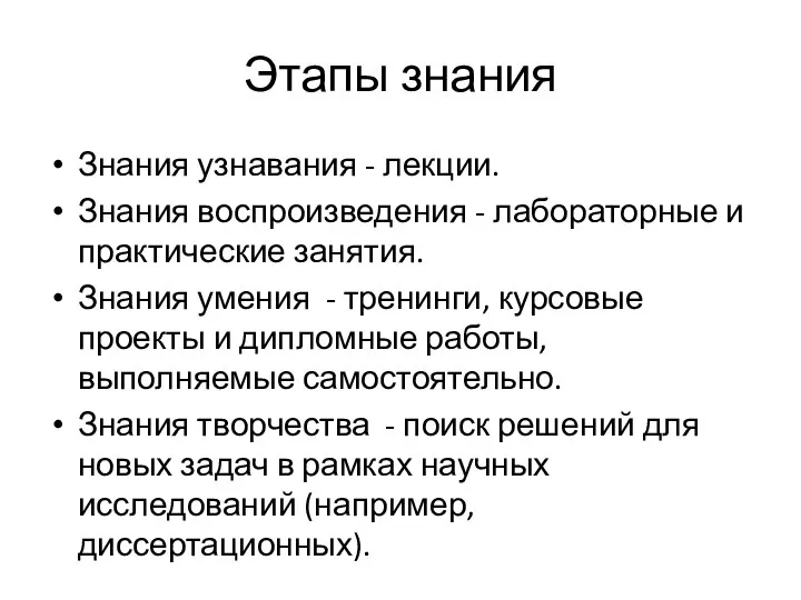 Этапы знания Знания узнавания - лекции. Знания воспроизведения - лабораторные и