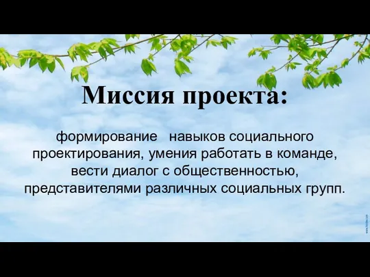 Миссия проекта: формирование навыков социального проектирования, умения работать в команде, вести