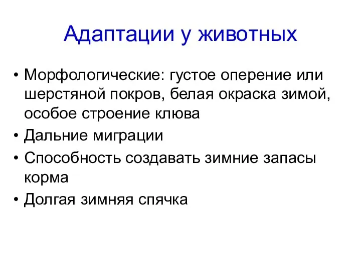 Адаптации у животных Морфологические: густое оперение или шерстяной покров, белая окраска