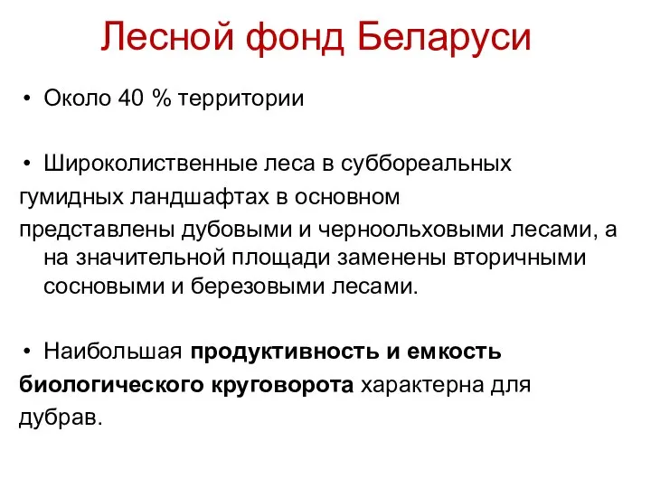 Лесной фонд Беларуси Около 40 % территории Широколиственные леса в суббореальных