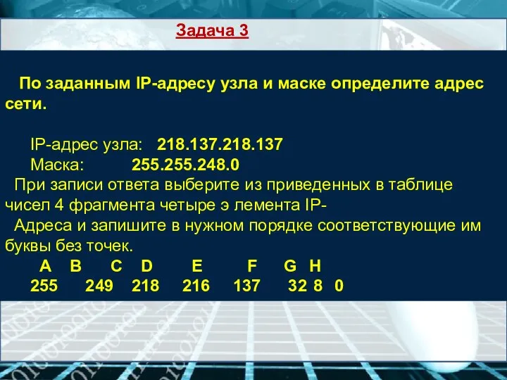 По заданным IP-адресу узла и маске определите адрес сети. IP-адрес узла: