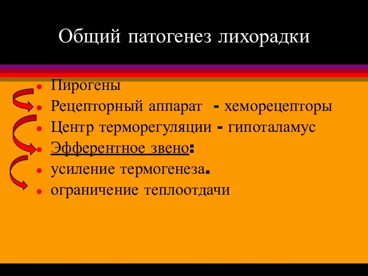 Общий патогенез лихорадки Пирогены Рецепторный аппарат - хеморецепторы Центр терморегуляции -