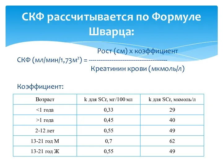 Рост (см) х коэффициент СКФ (мл/мин/1,73м2) = ------------------------------------------ Креатинин крови (мкмоль/л)