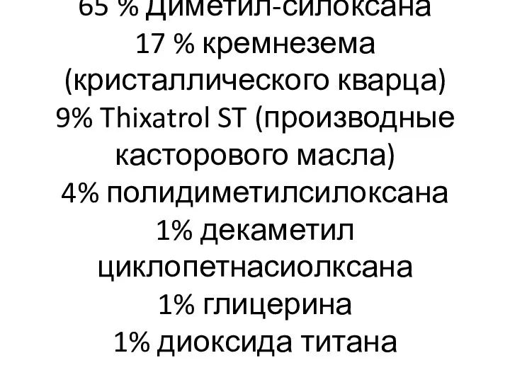 65 % Диметил-силоксана 17 % кремнезема (кристаллического кварца) 9% Thixatrol ST