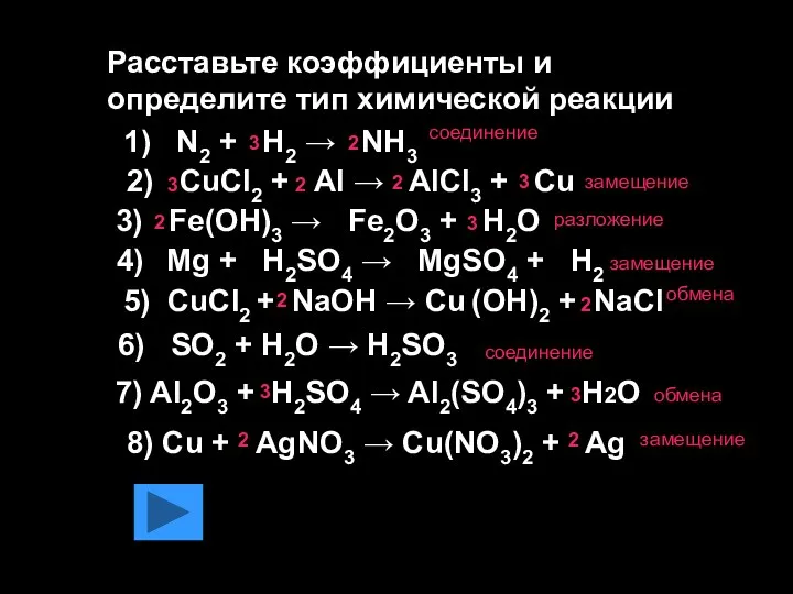 Расставьте коэффициенты и определите тип химической реакции 1) N2 + H2